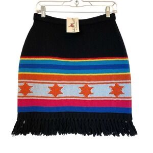 NEW Roja Southwestern Lambswool Blend Skirt Black Saltillo Women's Medium Fringe